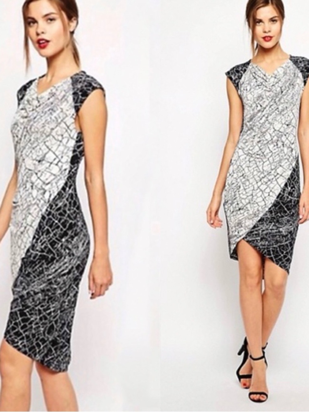 BCBGMaxAzria Black and White Cap-Sleeve Tiffanie Midi Dress Size Medium